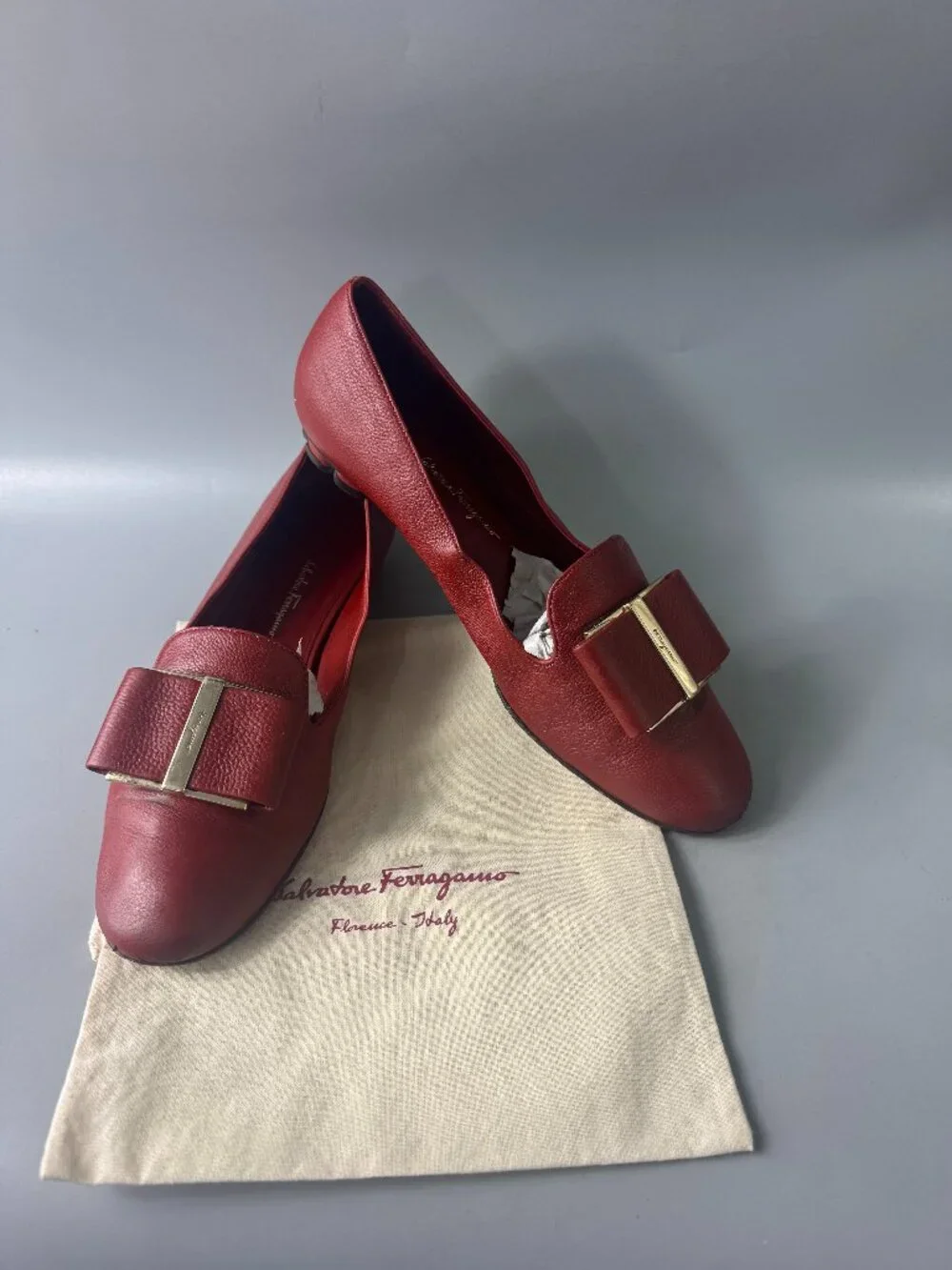 Salvatore Ferragamo Red Leather Hausen Bow-detail Flat Pumps, Size 8.5